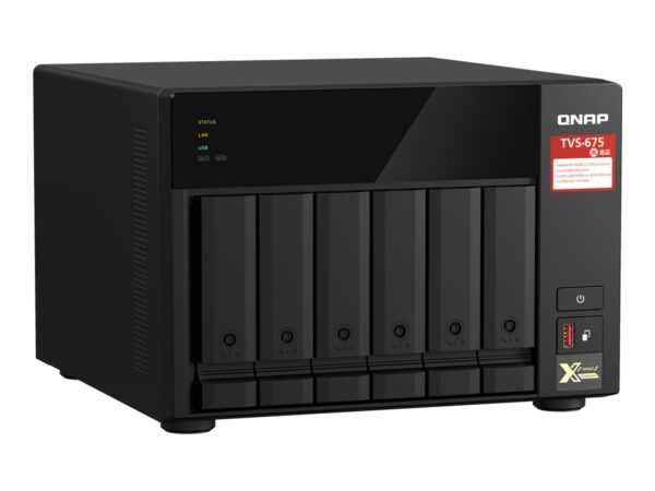 QNAP TVS-675-8G 6-bay NAS KX-U6580 8C/8T 2.5GHz 8Go 6xSATA 6Gb/s bays 2xM.2 NVMe PCIe Gen3 SSD slots 2×2.5GbE LAN optional 10GbE