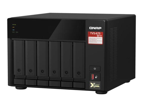 QNAP TVS-675-8G 6-bay NAS KX-U6580 8C/8T 2.5GHz 8Go 6xSATA 6Gb/s bays 2xM.2 NVMe PCIe Gen3 SSD slots 2×2.5GbE LAN optional 10GbE