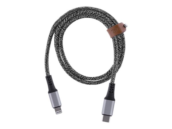 TNB PREMIUM – Nylon braided RPET USB-C to Lightning cable – metal connector – Leather cable tie – Black