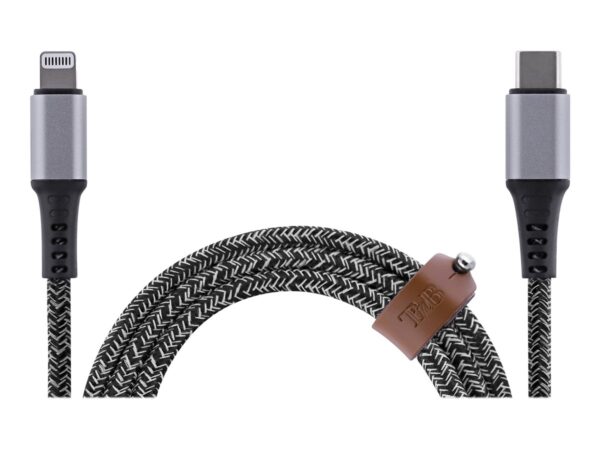 TNB PREMIUM – Nylon braided RPET USB-C to Lightning cable – metal connector – Leather cable tie – Black