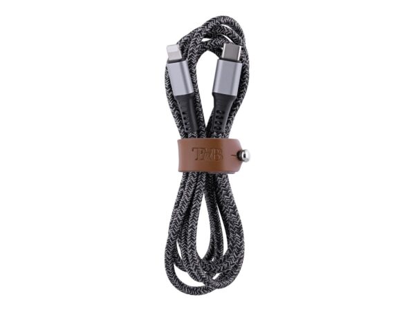 TNB PREMIUM – Nylon braided RPET USB-C to Lightning cable – metal connector – Leather cable tie – Black