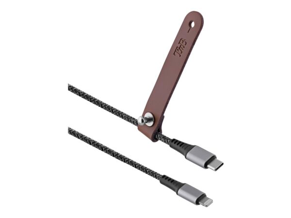 TNB PREMIUM – Nylon braided RPET USB-C to Lightning cable – metal connector – Leather cable tie – Black
