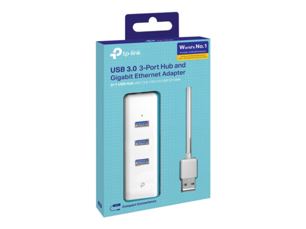 TP-LINK USB 3.0 to Gigabit Ethernet Network Adapter 3-Port USB 3.0 Hub 1 USB 3.0 connector 1 Gigabit Ethernet port 3 USB 3.0 ports