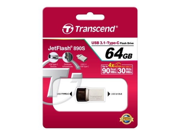 TRANSCEND 64Go Clé USB3.1 Gen 1- On The Go – Type A et C – Argentée