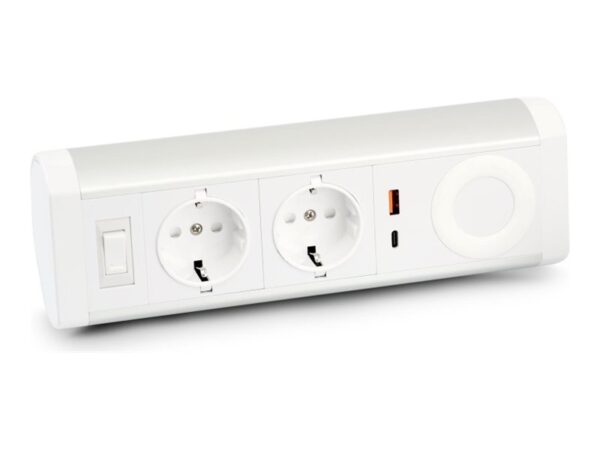URBAN FACTORY Powee Desk Double Eu Power Socket With 1 USB-A – 1 USB-C 3A and 1 Wireless Charging Point – Silver/White