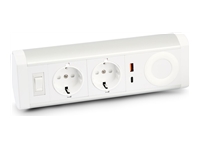URBAN FACTORY Powee Desk Double Eu Power Socket With 1 USB-A – 1 USB-C 3A and 1 Wireless Charging Point – Silver/White