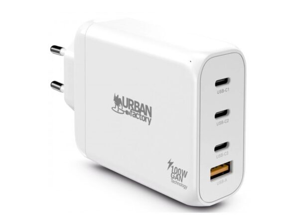 URBAN FACTORY Powee Gan Charger USB-C 100W – 3 Port Usb-C 65W + 1 Port Usb-A 18W Fast Charge